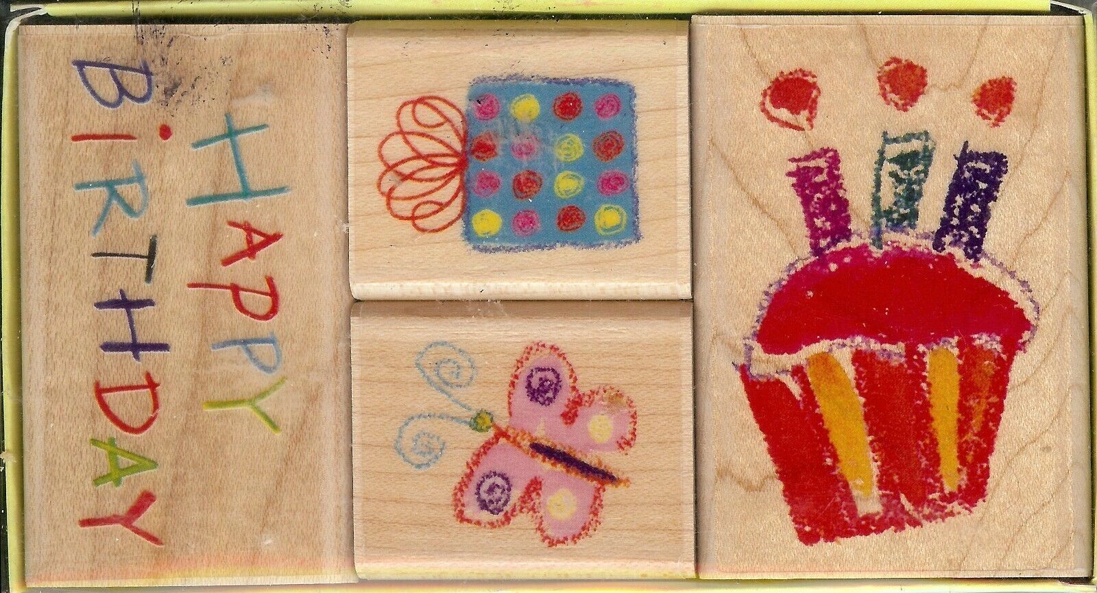 A wooden block with different designs on it.