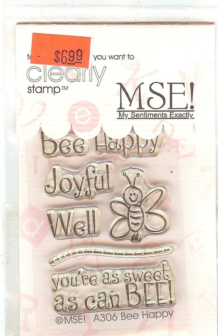 A clear stamp set of words and images with a bee.