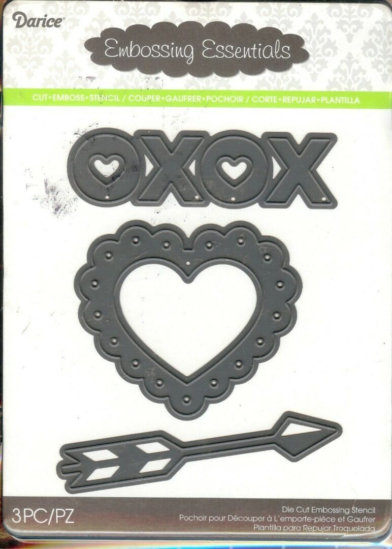 A set of three metal dies with the words xoxo on them.