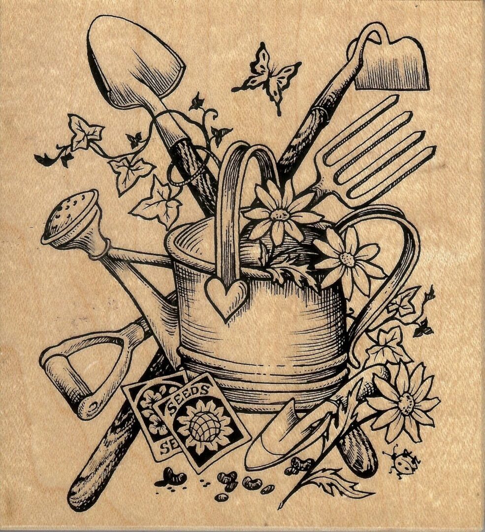 A drawing of gardening tools and flowers on paper.