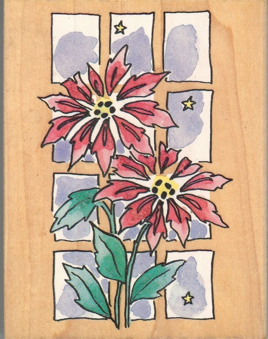 A wooden picture of two flowers on the side of a window.