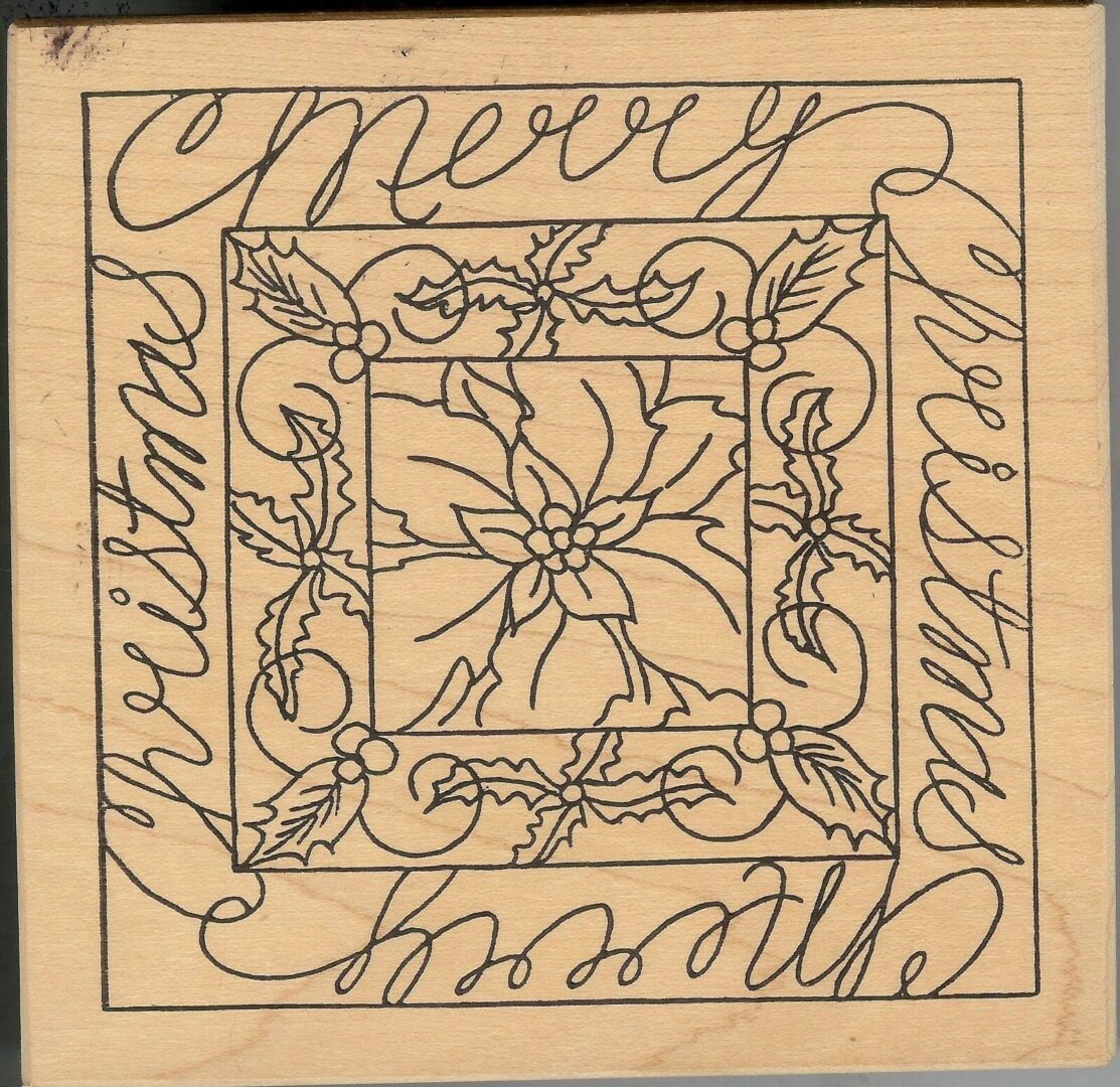 A square shaped christmas card with a poinsettia and holly.