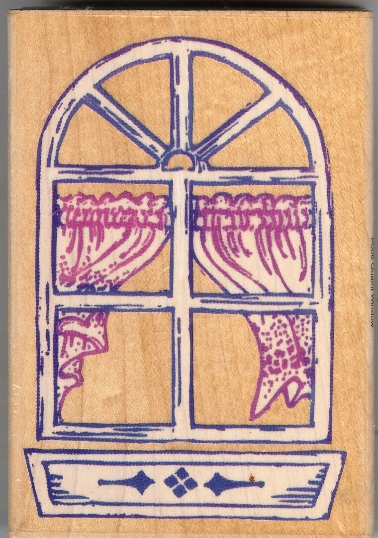 A drawing of a window with curtains in it.