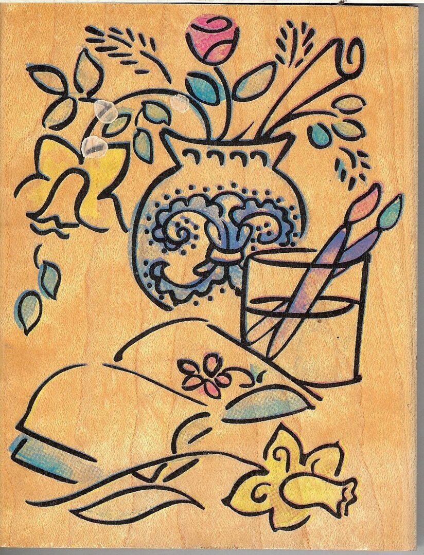 A painting of flowers and a vase with two paintbrushes.