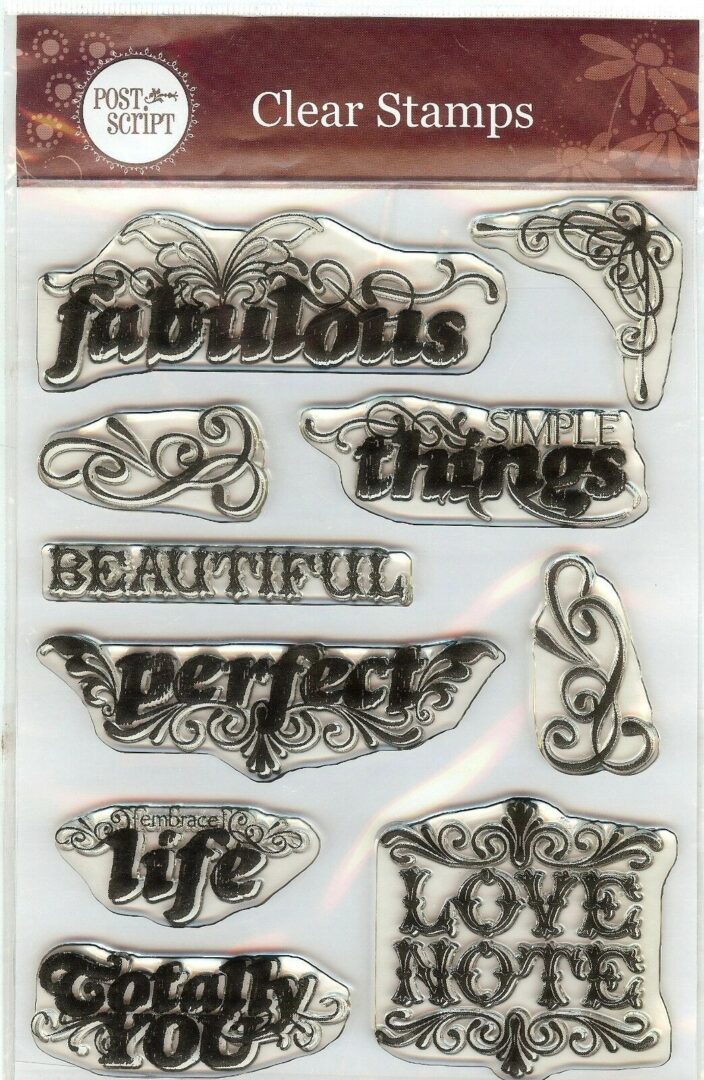 A set of clear stickers with words and designs.