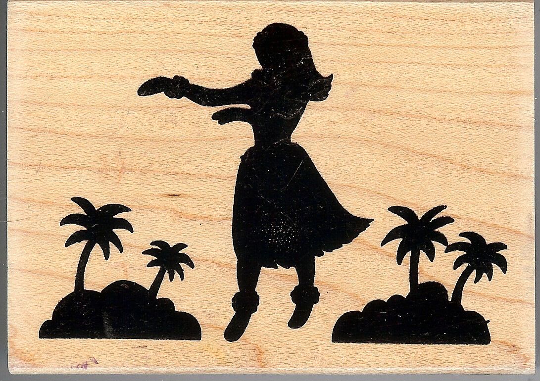 A silhouette of hula girl and palm trees.