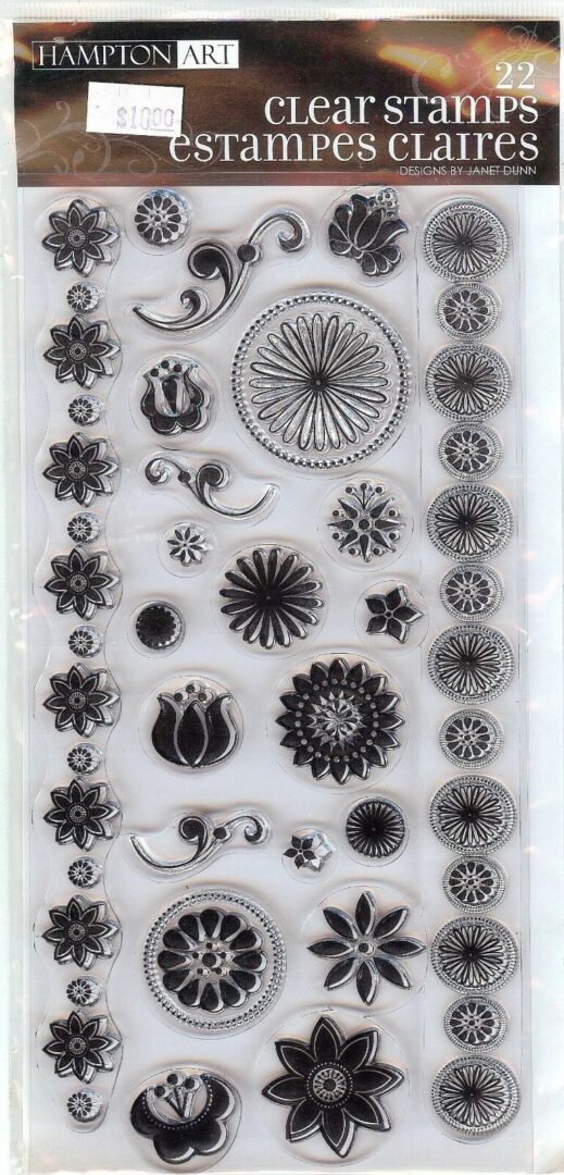 A sheet of stamps with different designs on them.