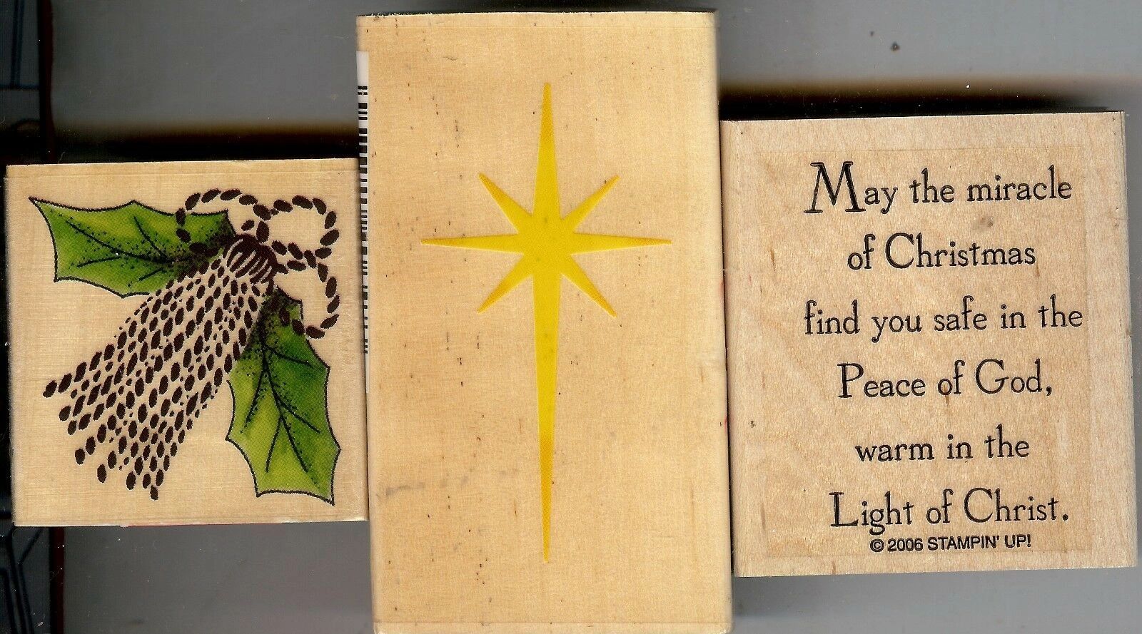 A close up of three different wooden blocks