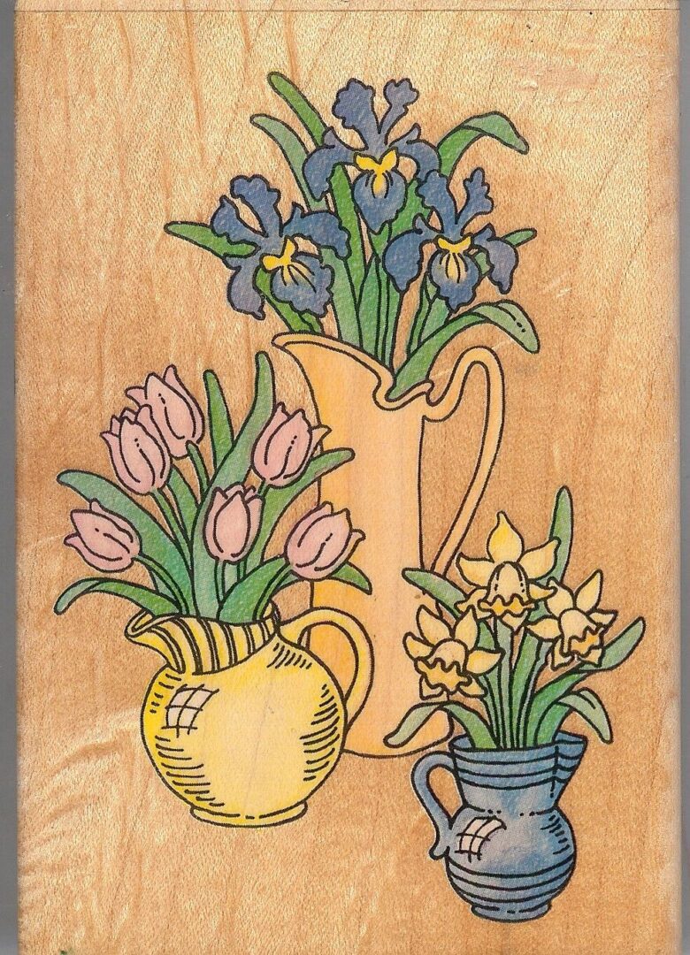 A wooden picture of three vases with flowers in them.